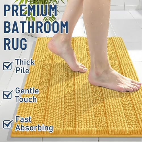 Grandaily Chenille Striped Bathroom Rugs 59x24, Extra Thick and Soft Absorbent Bath Mats, Rubber Backing, Plush Shaggy Shower Carpet, Machine Wash Dry, Bath Rug for Bathroom, Light Yellow