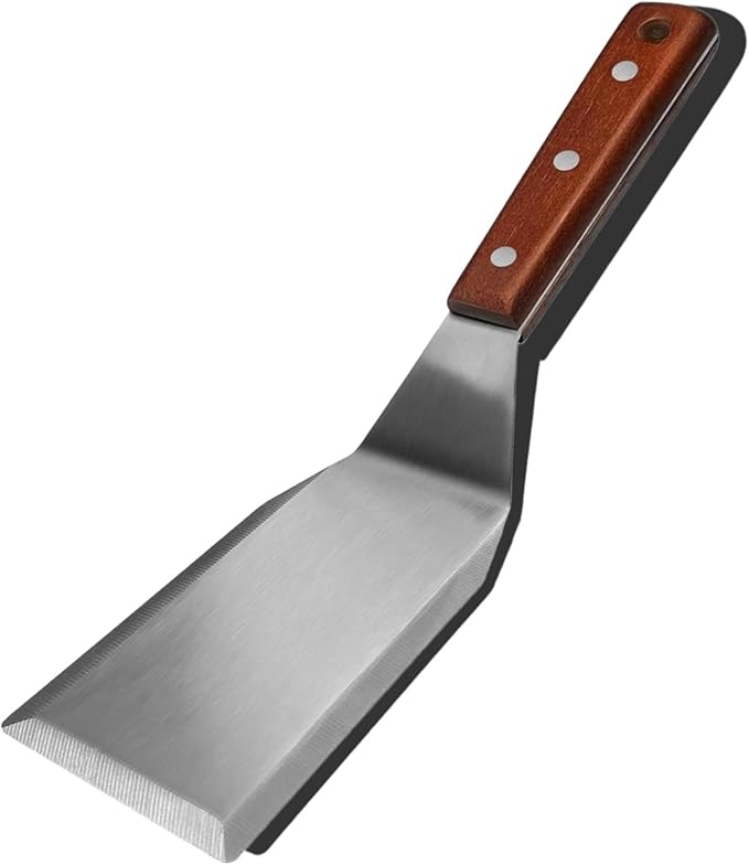 professional metal spatula Ideal for Cast Iron Skillets and Flat Top Grills, Full Tang Wooden Handle,1.8mm Thick Stainless Steel Blade, Perfect for Cooking, BBQ, Flipping Burgers, 5x3 inch