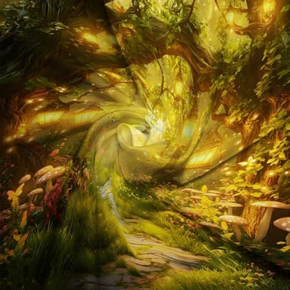Fantasy Forest Path Shower Curtain Yellow Fairy Magical Enchanted Misty Jungle Mushroom Floral Tree Butterfly Lantern Wonderland Bath Curtain Fabric Bathroom Accessories Decor with Hooks 70W x70L