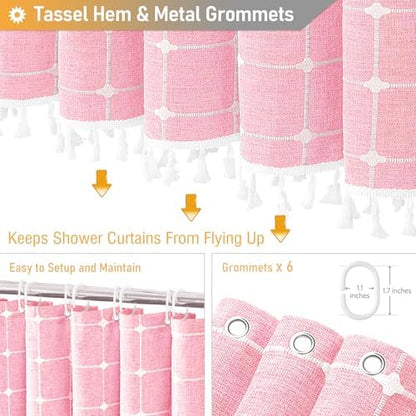 BTTN Stall Boho Farmhouse Linen Heavy Duty Shower Curtain Set, 36x72, Pink