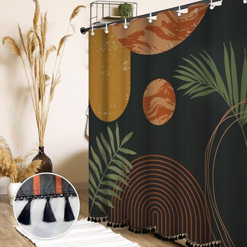 Boho Mid Century Leaf Shower Curtain Set,Arch Sun Design,Minimalistic Leaves Pattern,Waterproof and Luxurious Fabric-12 Hooks(Coffee Brown-72" x 84")