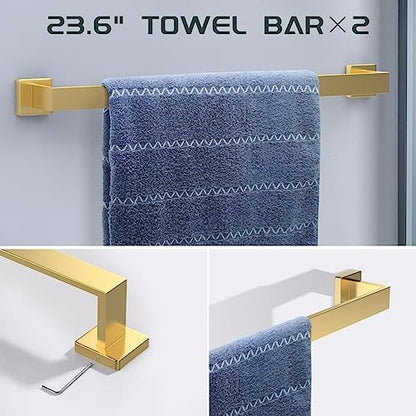 Dorudon atrox 7 Piece Gold Bathroom Hardware Set with Brushed Gold Bathroom Accessories - Square 2 Towel Bars Towel Rack Stainless Steel 23-Inch