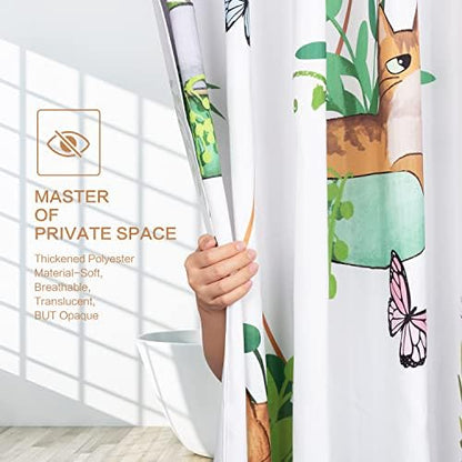 Hanging Potted Plants Cat Shower Curtain, Bracketplant KittyShower Curtain for Bathroom with 12 Hooks Polyester Fabric Waterproof Shower Curtain Sets Machine Washable Kids Bath Curtain