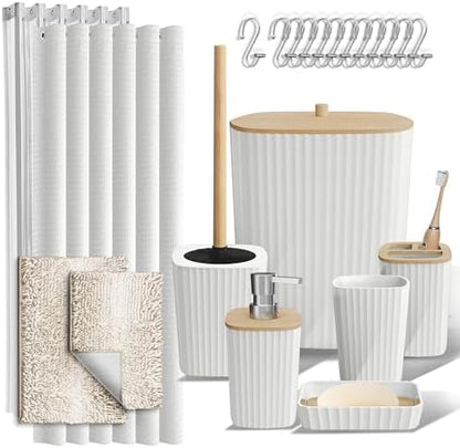 Clara Clark Bathroom Accessories Set - Bathroom Set, Bathroom Sets with Shower Curtain and Rugs, Shower Curtain Set with Bathroom Trash Can - Ombre White - 22PC