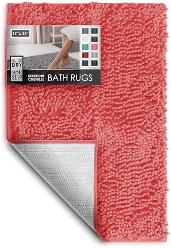 Hearth & Harbor Bathroom Rugs, Chenille Bath Mat - Machine Washable Bath Mats for Bathroom Non-Slip Backing Rubber, Quick Dry Bathroom Mat - Rose Bath Rug, 17x24