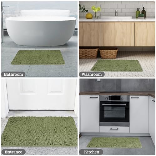 Yeaban Chenille Sage Bathroom Rug 20"x32", Non-Slip Rubber Backing