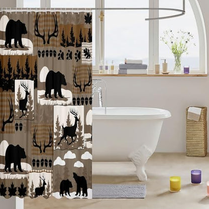 Feelyou Rustic Plaid Shower Curtain Lodge Cabin Bear Bath Curtain for Stalls Bathtubs Country Elk Moose Bathroom Accessories Woodland Brown Waterproof Polyester Fabric with 12 Hooks 72"x84"