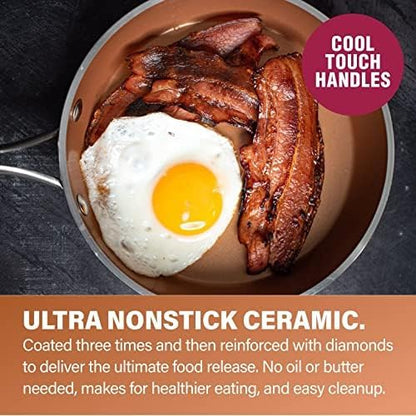 Gotham Steel Hammered 15 Pc Ceramic Cookware Set Nonstick, Induction Pots and Pans Set Non Stick with Bakeware Set & Steamer for Cooking, Non Toxic PFOA PFOS Free, Oven & Dishwasher Safe - Copper