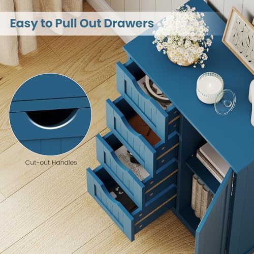 Giantex Bathroom Cabinet, Freestanding Storage Cabinet with 1 Door & 4 Drawers, 3-Level Adjustable Shelf, Anti-toppling System, Modern Storage Organizer for Bathroom, Living Room, Kitchen (Blue)