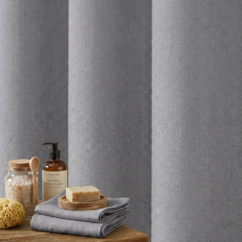 Linen Shower Curtain Boho Grey Shower Curtain with Tassels 72"W x 72"L