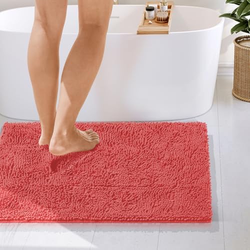 Hearth & Harbor Bathroom Rugs, Chenille Bath Mat - Machine Washable Bath Mats for Bathroom Non-Slip Backing Rubber, Quick Dry Bathroom Mat - Rose 24x36