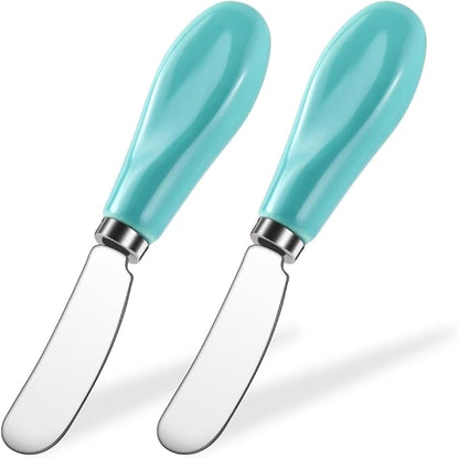 AISBUGUR 2 Pack Stainless Steel Butter Spreader Knife, Butter Knife with White Porcelain Handle, Cheese Butter Spreader Knives for Kitchen Green