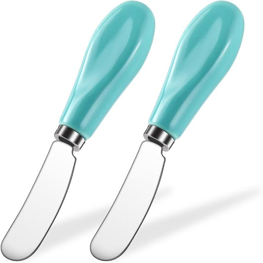 AISBUGUR 2 Pack Stainless Steel Butter Spreader Knife, Butter Knife with White Porcelain Handle, Cheese Butter Spreader Knives for Kitchen Green