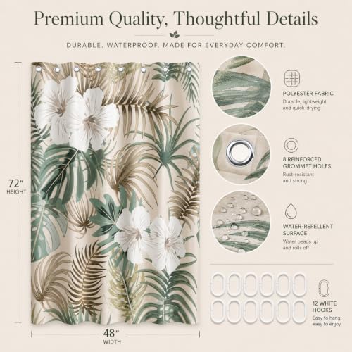 Tropical Shower Curtain for Bathroom, Green Palm Tree Flower Plant Boho Leaf Banana Monstera Sage Beige Shower Curtains Set, Fabric Bathroom Accessories with Hooks 48x72 Inch