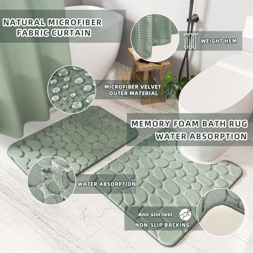 XLHOMO Bathroom Accessories Set - 25PC Sage Bathroom Set, Bathroom Set with Shower Curtain and Rugs, Sage Green Shower Curtain Set, Bathroom Accessory Set, Trash Can & Soap Dispenser