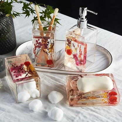 Locco Decor Bathroom Vanity Accessory Set Acrylic Liquid 3D Floating Motion Toothbrush Holder, Tumbler, Soap Dispenser, Soap Dish, Toilet brush, 5-Piece Accessory Set Garden Botanic Pink Plants
