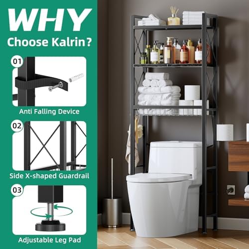Kalrin Over The Toilet Storage with X Shape Side Guardrail, 3-Tier Over Toilet Storage Rack with Drain Basket, Freestanding Bathroom Organizer for Balcony Laundry, Pure Black