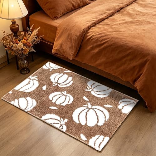 APROPHIC Fall Pumpkin Bath Mats for Bathroom, Thanksgving Super Absorbent Non-Slip Microfiber Shaggy Bath Rugs, Autumn Bathroom Mat for Shower, Tub, Sink, Machine Washable, 17x24 in, Light Brown