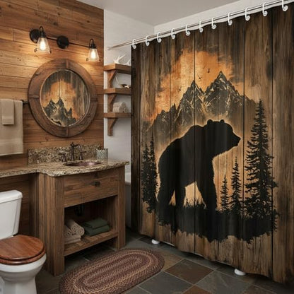 Rustic Cabin Shower Curtain for Bathroom, Forest Bear Wooden Bath Curtains, Wildlife Country Hunting Camping Waterproof Fabric Bathroom Curtain Accessories Set with Hooks,70X75IN