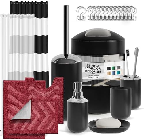 Clara Clark Bathroom Accessories Set - Black Shower Curtain Set with Bathroom Trash Can, 23PC Bathroom Set, Bathroom Sets with Shower Curtain and Red Rugs