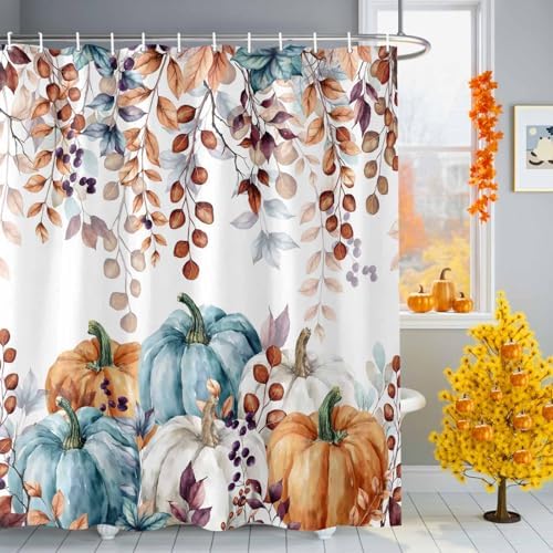 Shower Curtain Bathroom Set Fall Thanksgiving Pumpkin Orange Eucalyptus Leaf Waterproof Shower Curtains with Grommets Hooks Autumn Fallen Leaves Privacy Bath Curtain for Bathtub Decor 72x78in