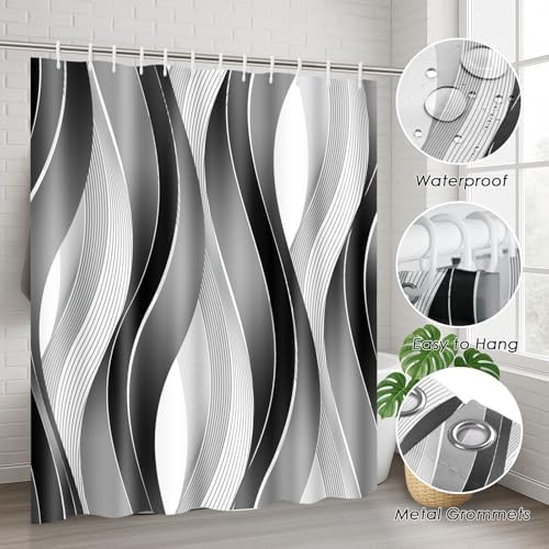 Bathroom Sets with Shower Curtain and Rugs, 4 Pcs Geometric Stripes