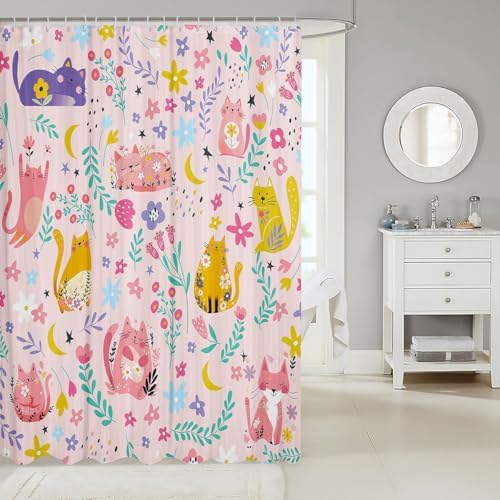 Feelyou Kids Funny Cats Shower Curtain Girls Cute Flower Cartoon Kitty Kitten Bathroom Waterproof Accessories with 12 Hooks 72x78 Inches Animal Theme Girly Kawaii Room Pink Decor