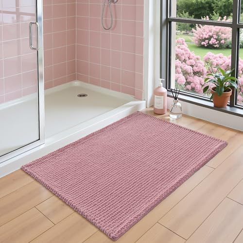 DEXI Chenille Bath Mat 43x24, Soft Absorbent Bathroom Rugs, Pink