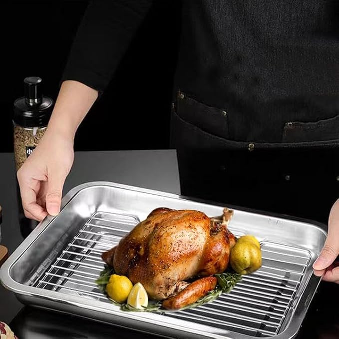 2 Set Broiler Pan Roaster Pan Baking Pan with Rack for Hams Chickens 12.6"* 8.6"*1.7"