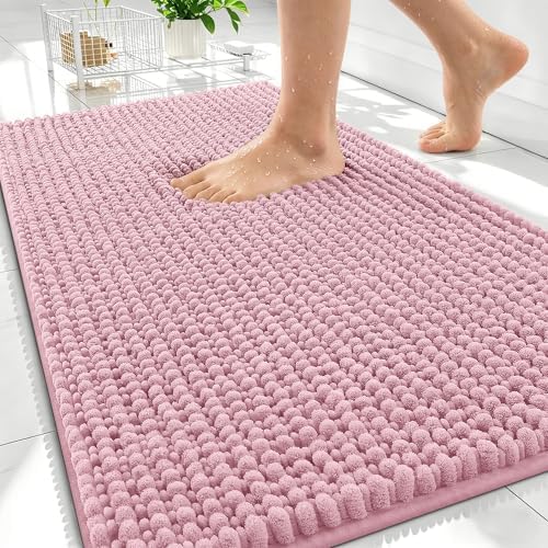 OLANLY Thick Chenille Absorbent Bathroom Rugs Mat 34x21, Dusty Rose