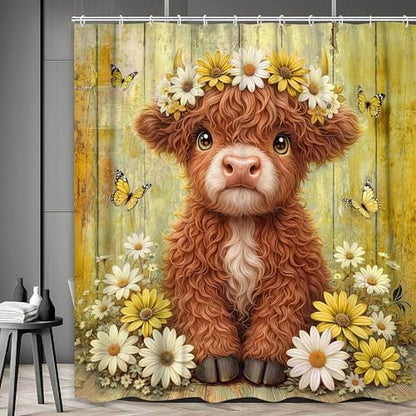 Cute Cow Shower Curtain, Farmhouse Rustic Yellow Floral Daisy Highland Cow Shower Curtains for Bathroom, Calf Country Farm Animal Garden Plant Fabric Bathroom Decor with Hooks, 54x72 inch