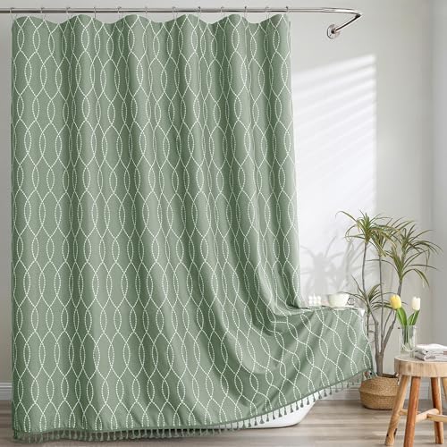 OVZME Sage Green Shower Curtain for Bathroom, Puff Printed Textured Shower Curtain with Tassels, Rustic Geometry Heavy Duty Vintage Country Bathroom Curtain, Water Resistant Fabric, 72Wx72L Inches