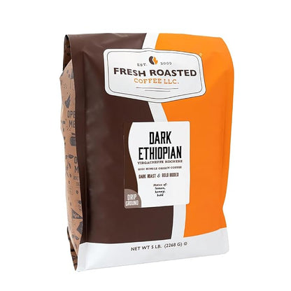 Fresh Roasted Coffee, Dark Ethiopian Yirgacheffe Kochere, 5 lb (80 oz), Dark Roast, Kosher, Ground