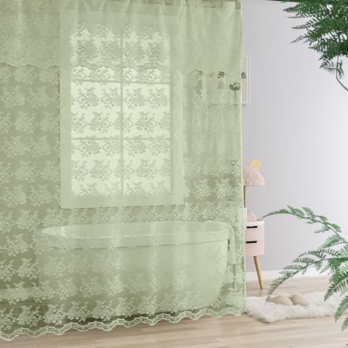 TUDECO Extra Long Green Lace Shower Curtain for Bathroom, 72W x 84L Inch