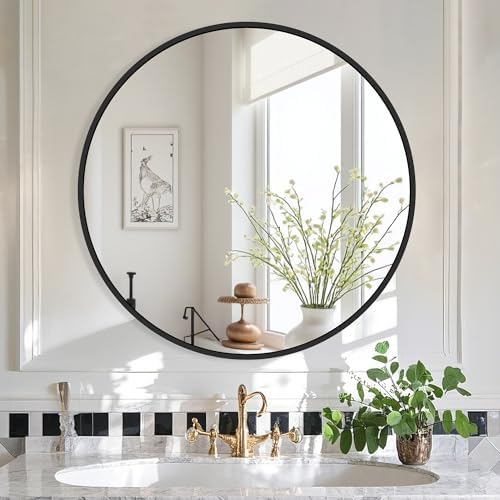 Delma 26 Inch Black Round Circle Mirror for Bathroom Wall, Metal Frame