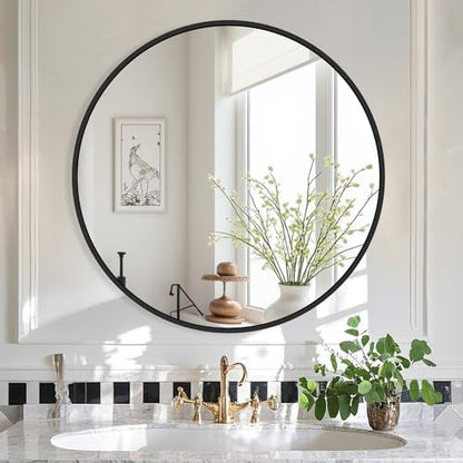 Delma 26 Inch Black Round Circle Mirror for Bathroom Wall, Metal Frame