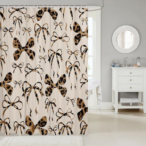 jejeloiu Cute Bowknot Shower Curtain for Bathroom Decor 72"x84" Black Brown Girls Bow Bath Curtain Kawaii Leopard Bathroom Accessories Waterproof Polyester Fabric for Stalls Bathtubs Princess Decor