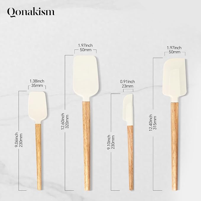 Silicone Spatula Set, 4 Piece Food Grade Rubber Spatula Nonstick Off-White Wooden Spatula, Spoonula, Jar Scraper for Cooking, Baking, Mixing, Frosting - Heat Resistant Up to 600°F（Dishwasher Safe ）