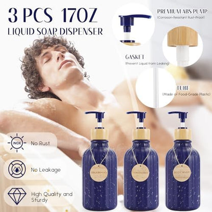XLHOMO 32PCS Bathroom Sets with Shower Curtain and Rugs Navy Blue Shower Curtain Set 3PCS Soap Dispenser Bathroom Accessories with Bathroom Trash Can