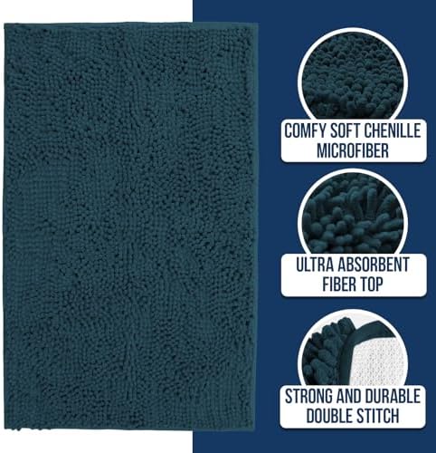 Muddy Mat Chenille Bathroom Rugs Quick Dry Microfiber Mats Non Slip Washable, Extra Thick, Soft and Highly Absorbent Bath Mats for Bathroom, Kitchen, and Shower Floor - Atlantic Blue Large 35"X24"