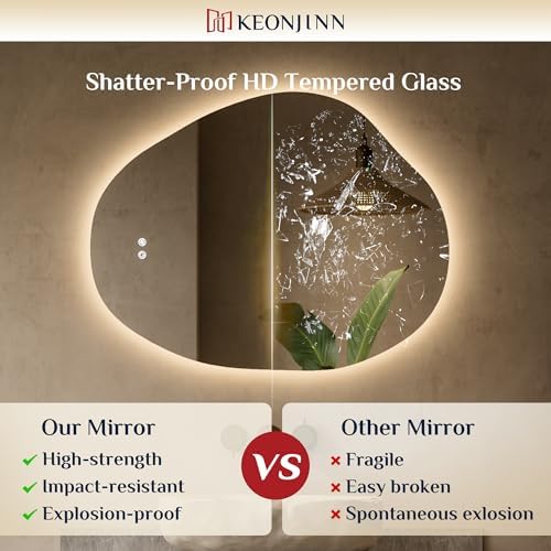 Keonjinn Irregular Bathroom Mirror with Lights 24 x 30 Inch, Tempered Glass