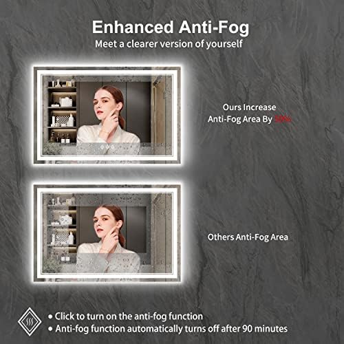 LED Bathroom Mirror, 48x32 Inch Gradient Front and Backlight Lighted Vanity Mirror, 3 Colors Dimmable CRI>90 Double Lights, IP54 Enhanced Anti-Fog, Hanging Plate Wall Mount LED Light Mirror