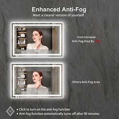 LED Bathroom Mirror, 48x32 Inch Gradient Front and Backlight Lighted Vanity Mirror, 3 Colors Dimmable CRI>90 Double Lights, IP54 Enhanced Anti-Fog, Hanging Plate Wall Mount LED Light Mirror