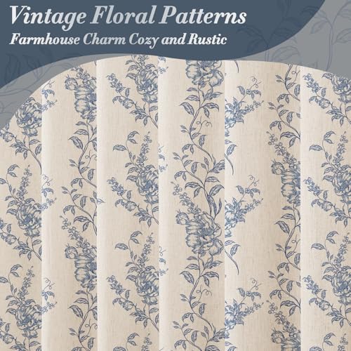 Blue Linen Farmhouse Shower Curtain, Boho Floral Bathroom 72x84