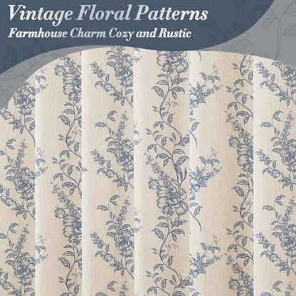 Blue Linen Farmhouse Shower Curtain, Boho Floral Bathroom 72x84