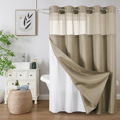 Colorful Star Beige No Hook Waffle Shower Curtain Set, 72" W x 81" L