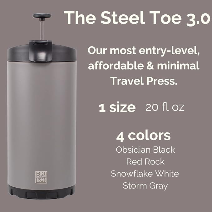 BruTrek® by Planetary Design Steel Toe 3.0 Travel Coffee Press - Brew 20 fl.oz On The Go - No Spill Lid, Double Wall Vacuum Insulated Stays Hot for Hours, French Press Coffee (Obsidian Black)
