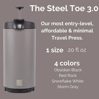 BruTrek® by Planetary Design Steel Toe 3.0 Travel Coffee Press - Brew 20 fl.oz On The Go - No Spill Lid, Double Wall Vacuum Insulated Stays Hot for Hours, French Press Coffee (Obsidian Black)