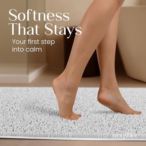 MAYSHINE Plush Shaggy Chenille Bath Mat | Extra Soft, Super Absorbent, Non-Slip Bathroom Rug | Fluffy Microfiber, Area Rug Sets for Bathroom Floor, Kitchen, Living Room | 59"x31" | White