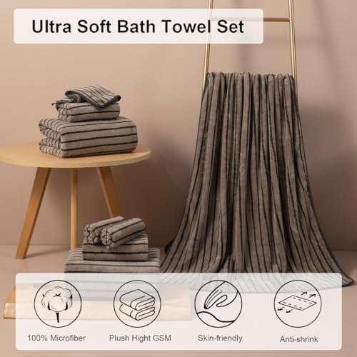 4 Piece Brown Cabana Stripe Large Bath Towels Oversized Bath Sheet Super Soft Breathable Jumbo Bathroom Towels Highly Absorbent Shower Towel Quick Dry Beach Chair Towel Spa Gym Hotel Towel Set